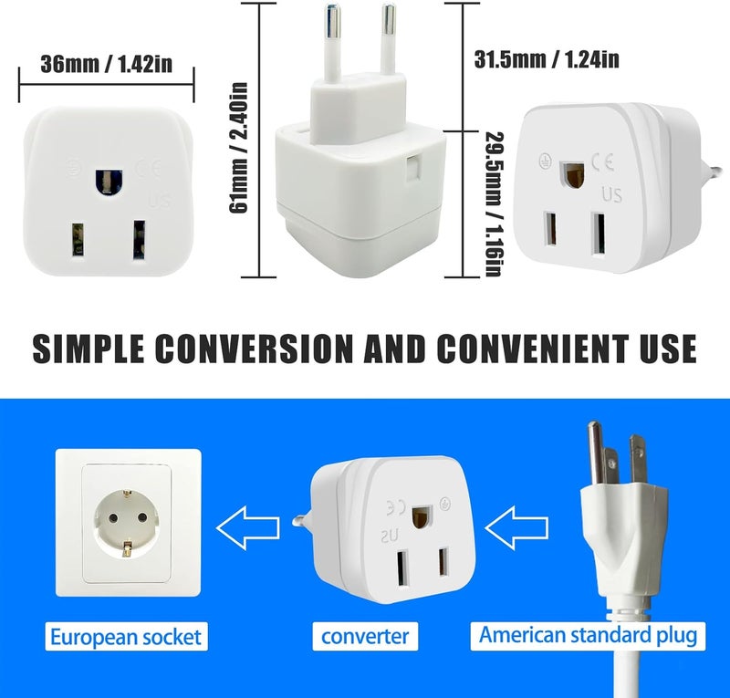 OFOAEEA European Travel Plug Adapter, Type C Adapters, 2 Pack US to Europe PlugAdapter, Adapter for Europe Plug, European Plug Adapter, for USA to EU Italy Spain France Germany Iceland Greece Plug, White - Image 2